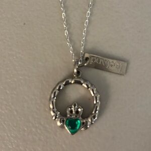 Silver Claddagh Necklace with Green Gem